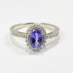 Petite Tanzanite and Diamond Halo Ring 14k White Gold - ONeil's Jewelry 