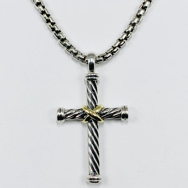 Men's David Yurman Box Link with Cross Necklace Sterling Silver and 18k Yellow Gold - ONeil's Jewelry 