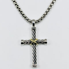 Men's David Yurman Box Link with Cross Necklace Sterling Silver and 18k Yellow Gold - ONeil's Jewelry 