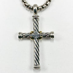 Men's David Yurman Box Link with Cross Necklace Sterling Silver and 18k Yellow Gold - ONeil's Jewelry 